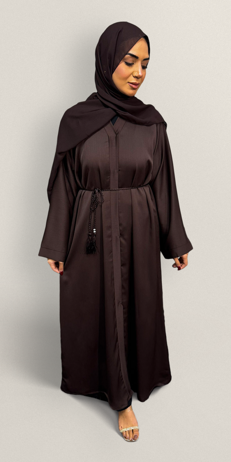 Plain button front Abaya Brown