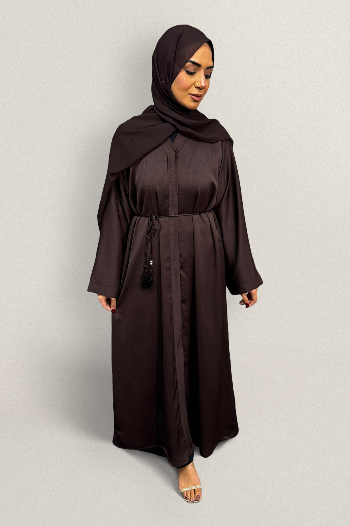 Plain button front Abaya Brown