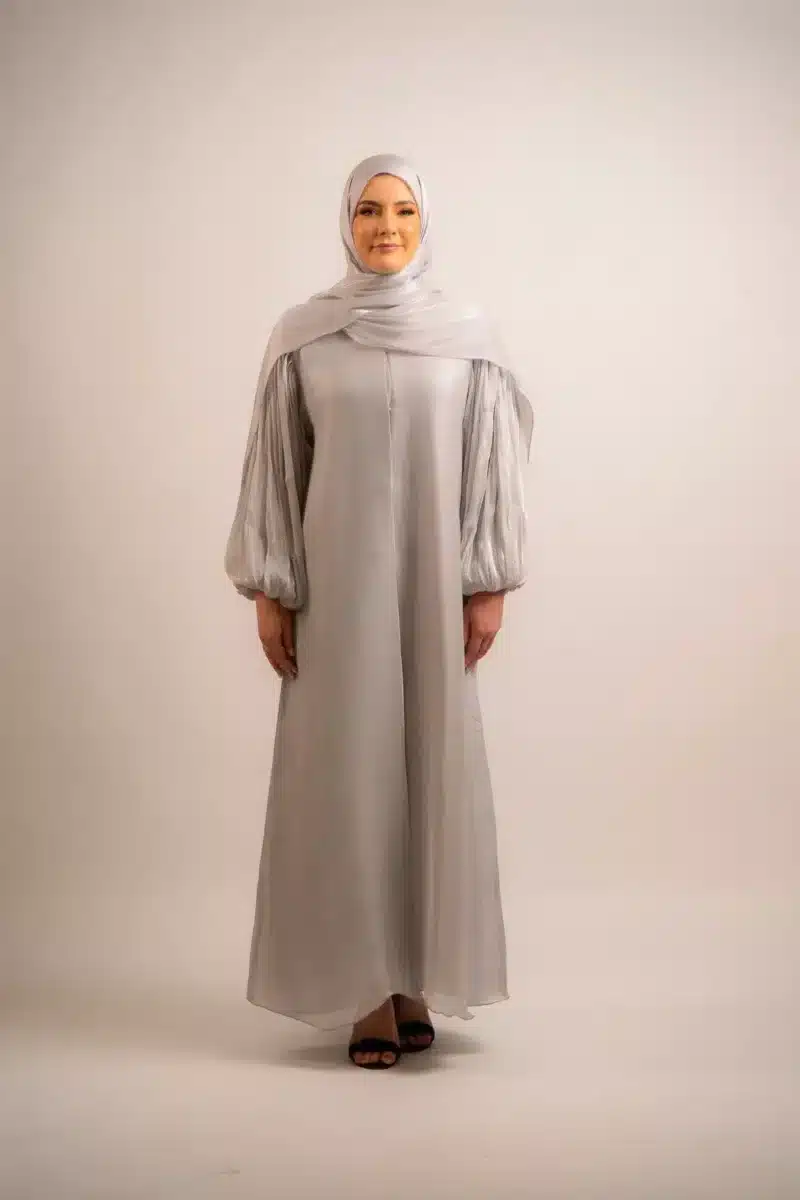 Organza Abaya with balloon sleeves | Moonlight Silver