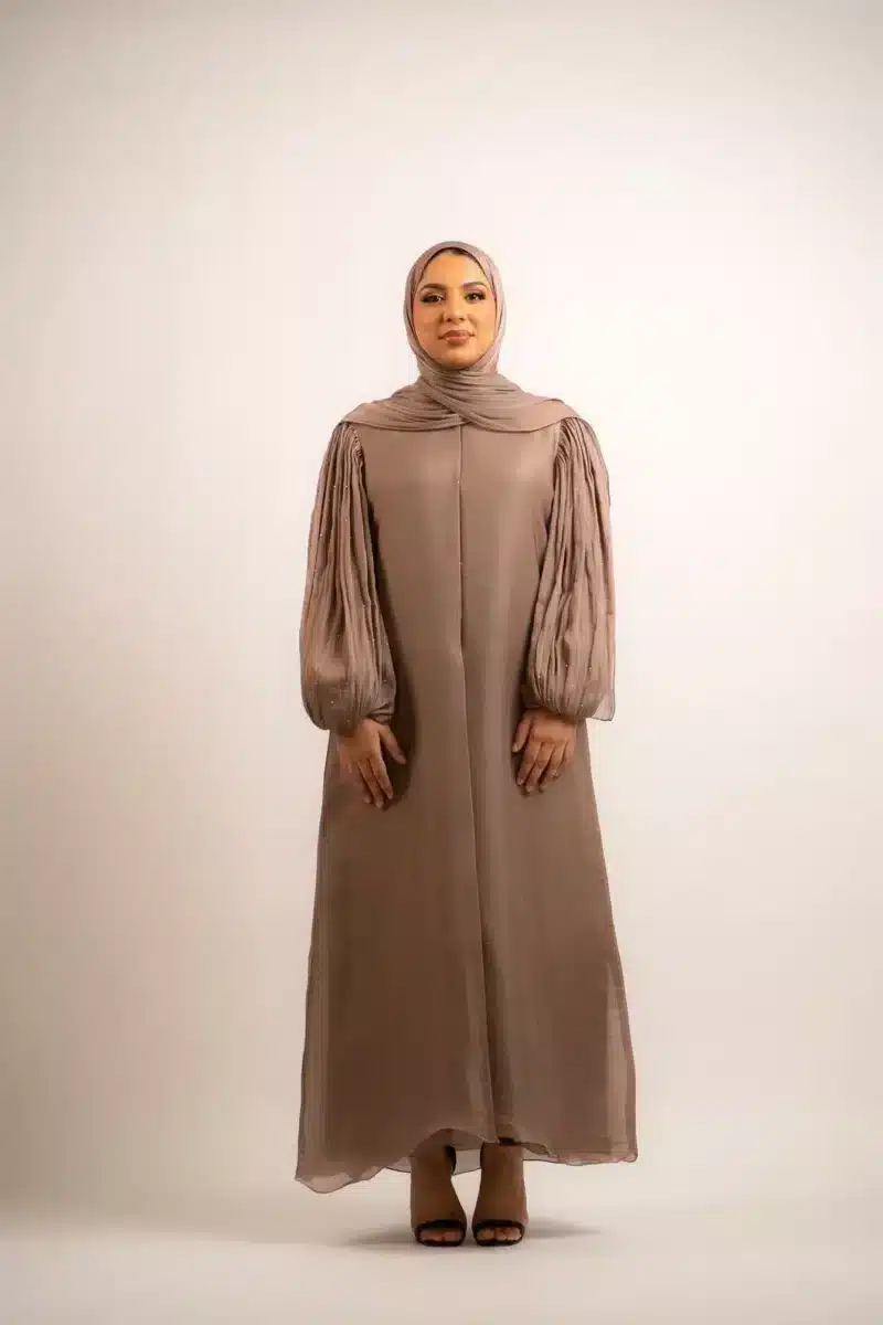 Organza Abaya with balloon sleeves | Pearl Bronze