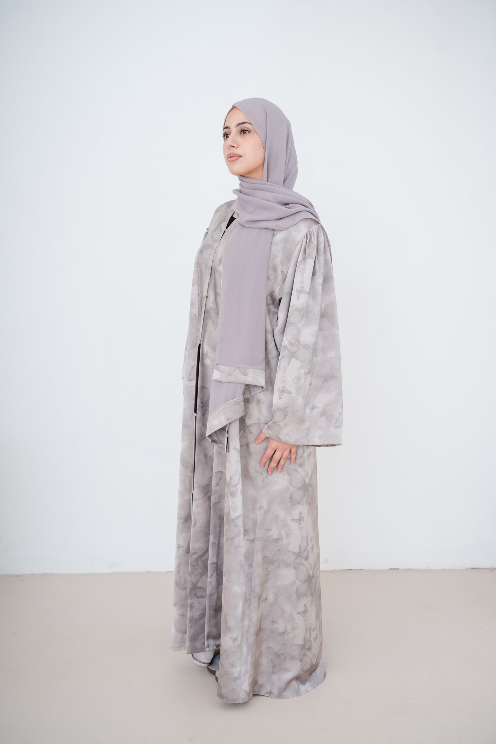 Cloud Grey Butterfly Satin Abaya (1) Cloud Grey Butterfly Satin Abaya - Image 6