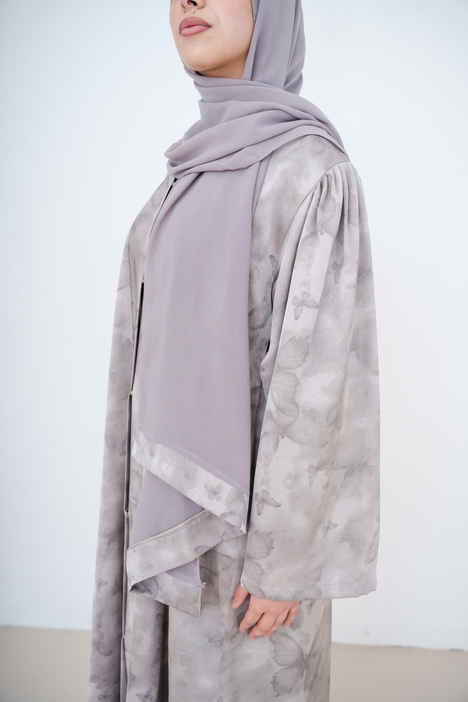 Cloud Grey Butterfly Satin Abaya (2) Cloud Grey Butterfly Satin Abaya - Image 7