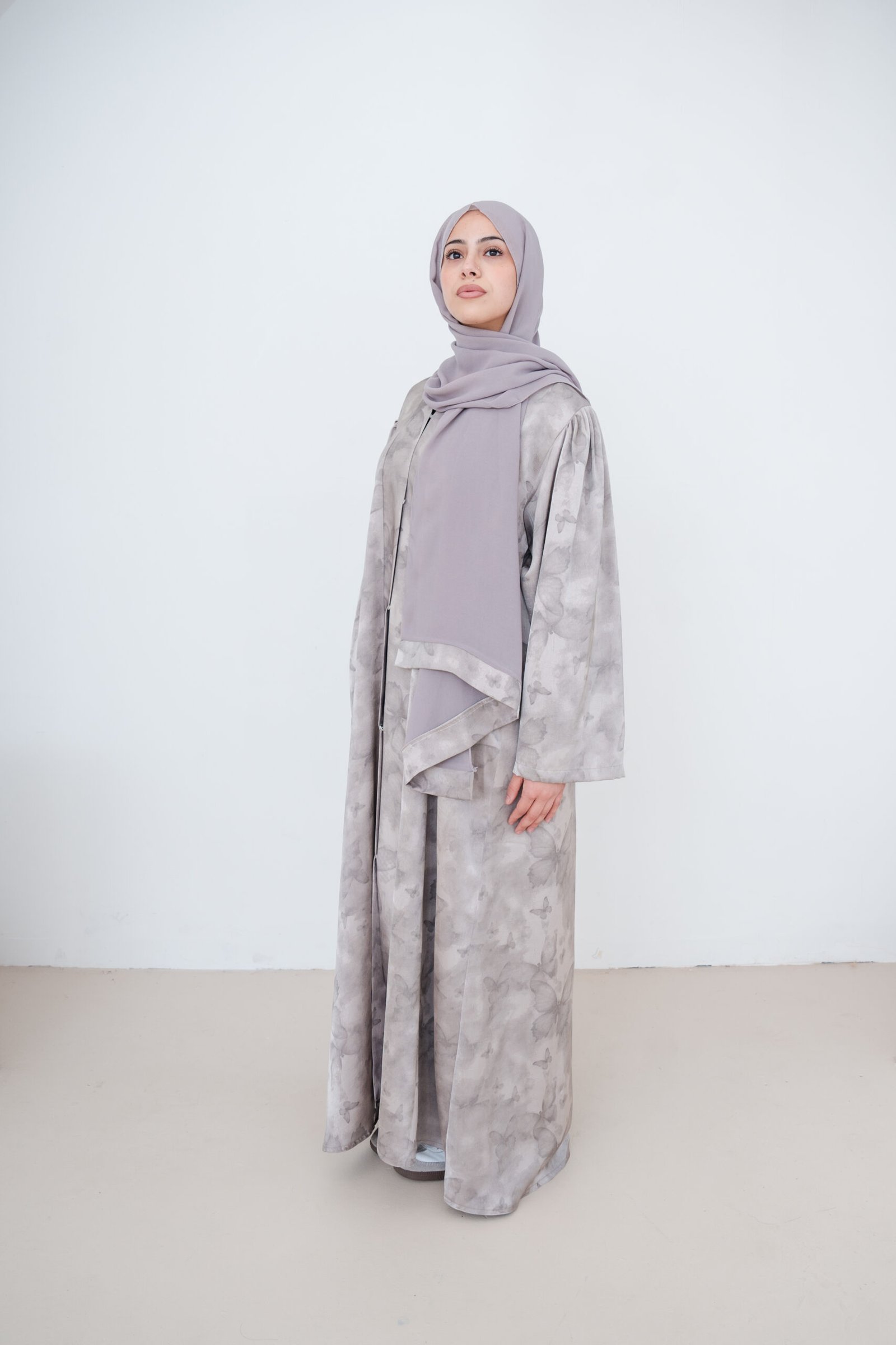 Cloud Grey Butterfly Satin Abaya (3) Cloud Grey Butterfly Satin Abaya - Image 8