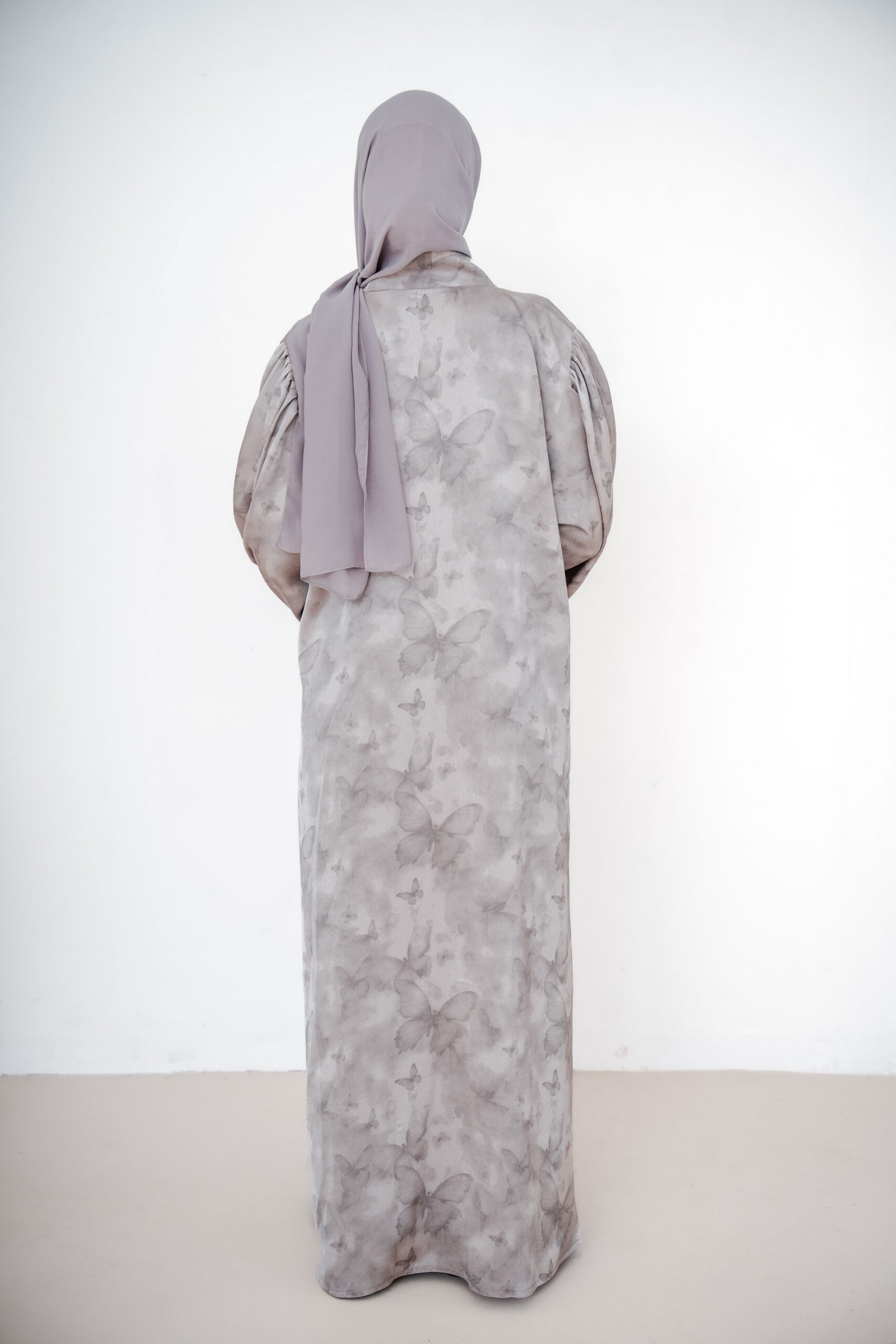 Cloud Grey Butterfly Satin Abaya (4) Cloud Grey Butterfly Satin Abaya - Image 2