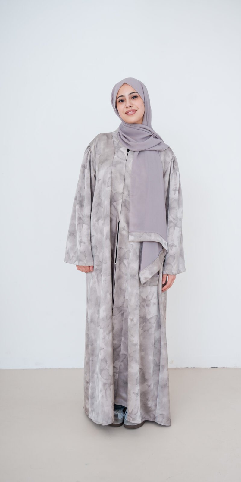 Cloud Grey Butterfly Satin Abaya