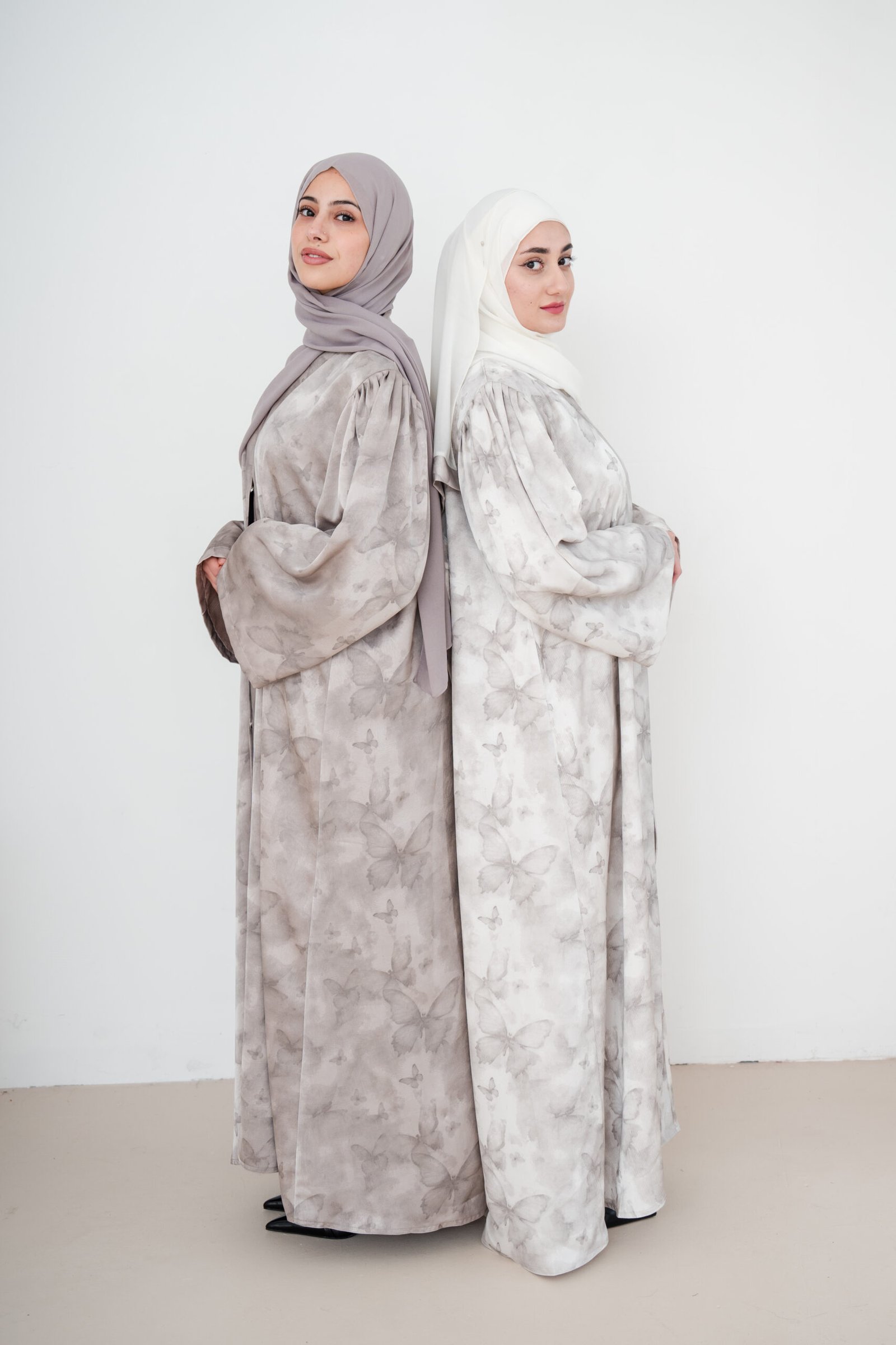 Cloud Grey Butterfly Satin Abaya (7) Cloud Grey Butterfly Satin Abaya - Image 5